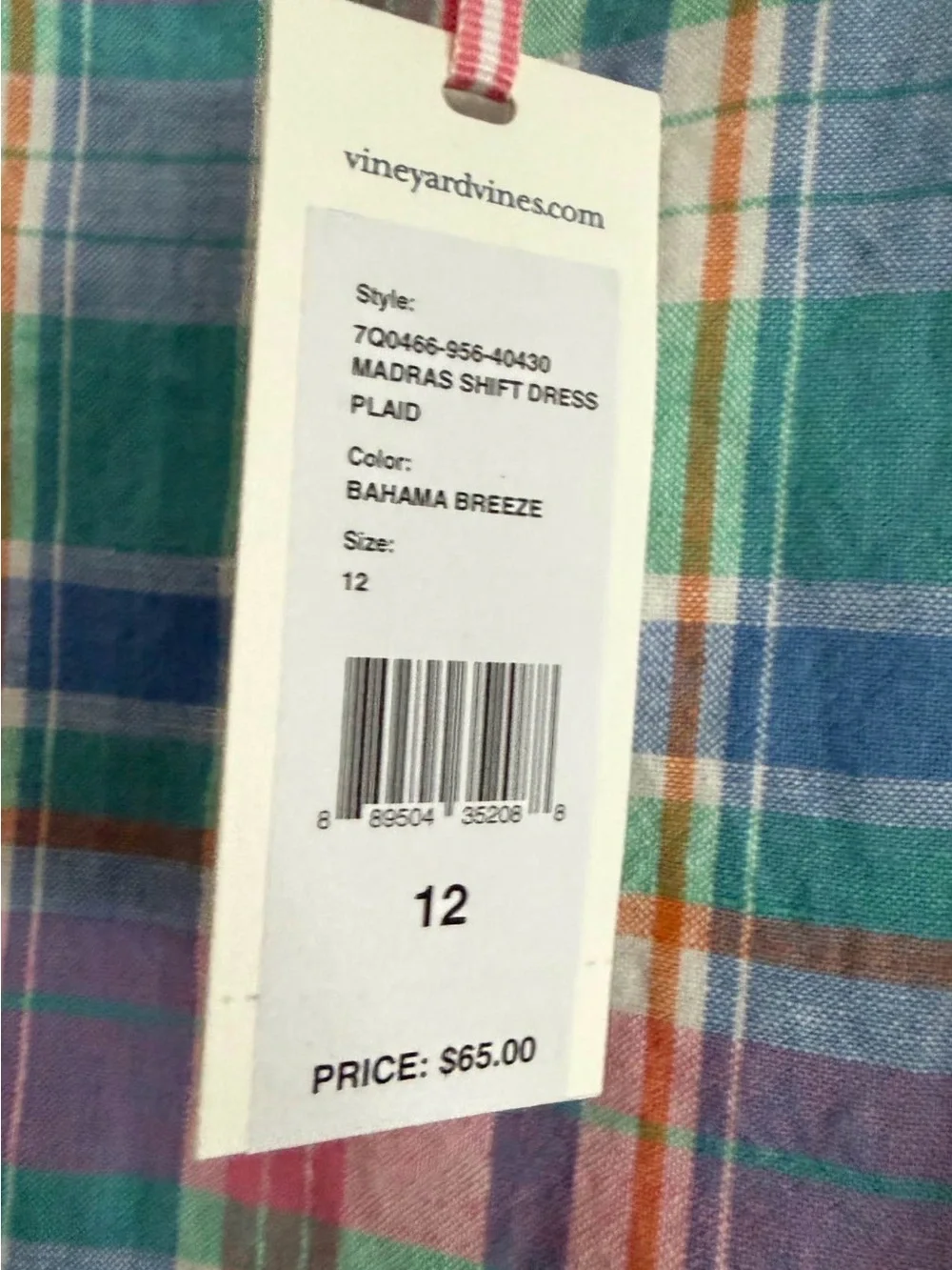 Vineyard Vines~ NWT!!~ Girls' Madras Shift Dress Pastel Plaid Sleeveless Sz 12